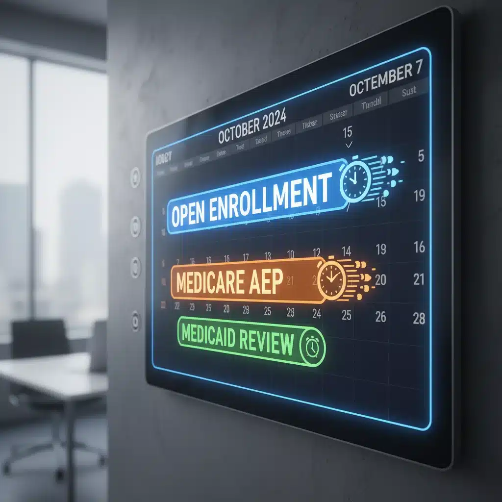 Digital calendar highlighting critical healthcare open enrollment and review periods.