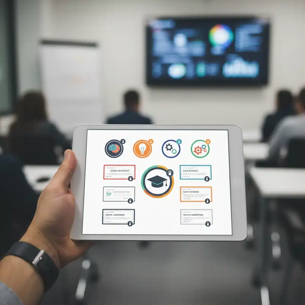 Hand holding tablet with digital micro-credential badges, representing accessible skill development.