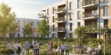 Families and individuals in front of an affordable housing complex, symbolizing federal housing programs.