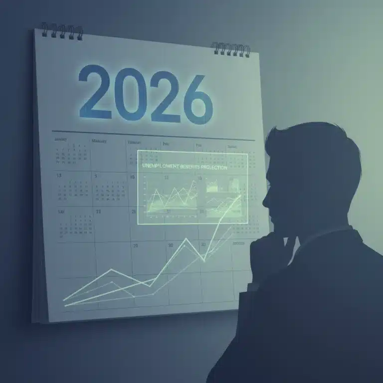 Calendar with 2026 highlighted and financial growth charts, symbolizing future unemployment benefits planning.