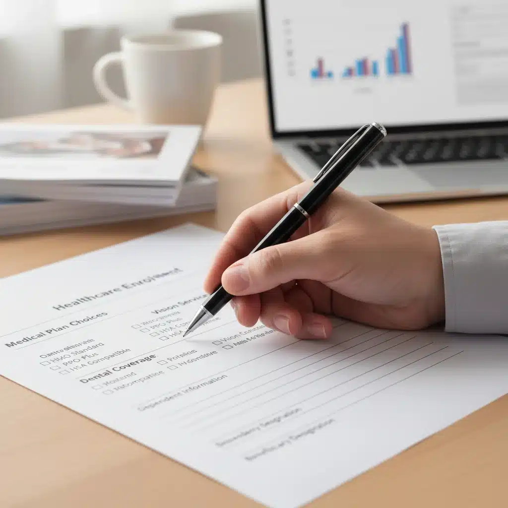 Hand filling out a healthcare enrollment form, emphasizing the decision-making process.
