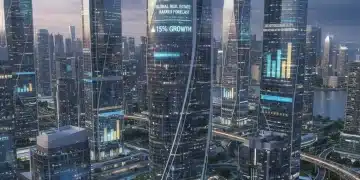 Futuristic cityscape with data overlays representing 2026 real estate market forecast and investment growth.