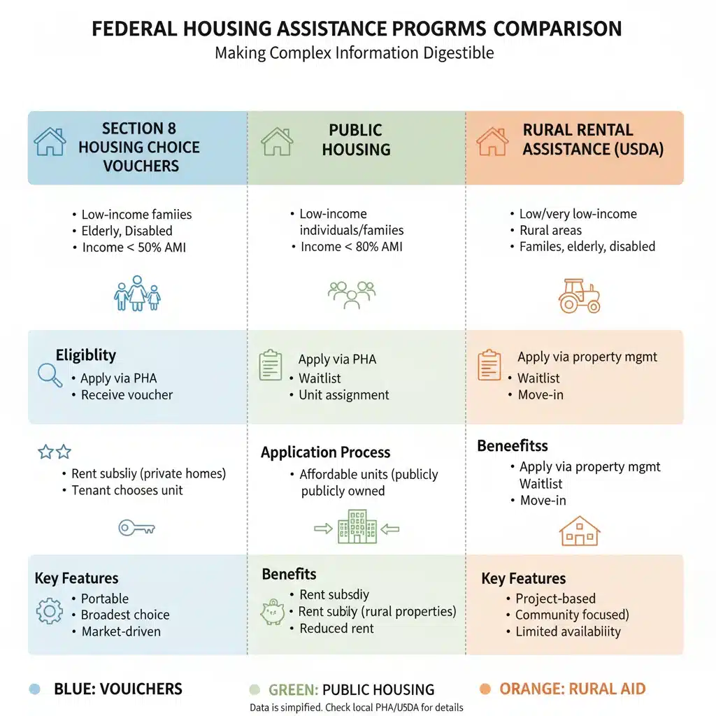 Infographic comparing eligibility and benefits of various federal housing assistance programs.
