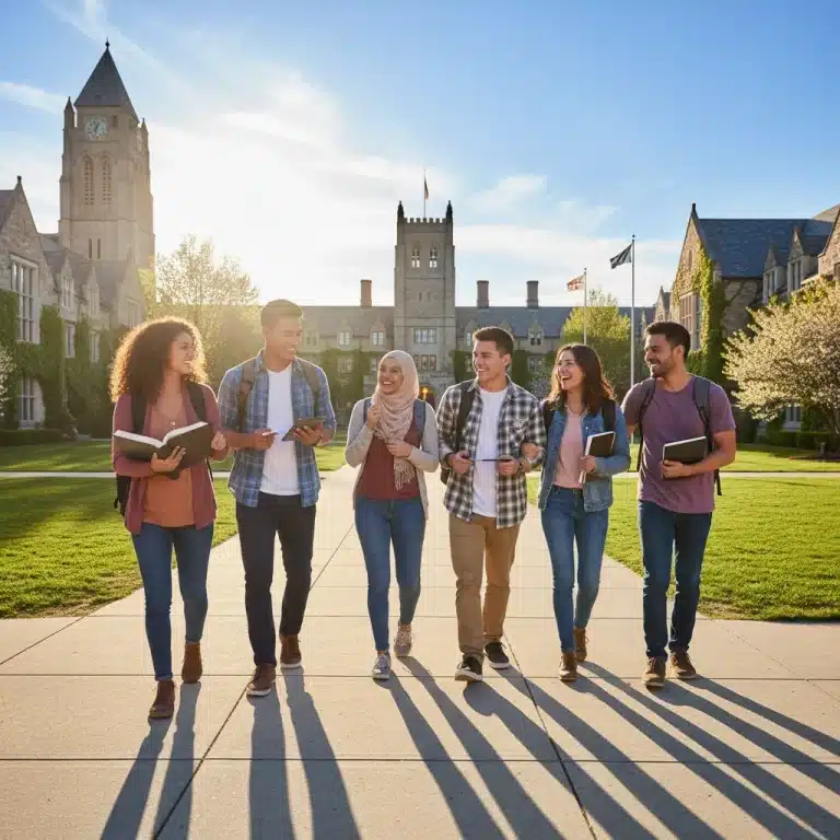Students walking on a university campus, symbolizing higher education and federal aid opportunities.