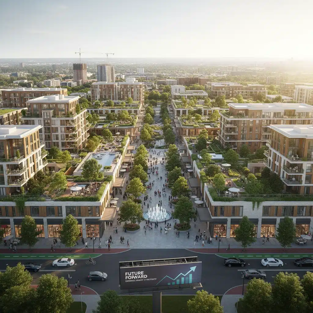 Thriving suburban mixed-use development, representing a high-potential real estate investment.