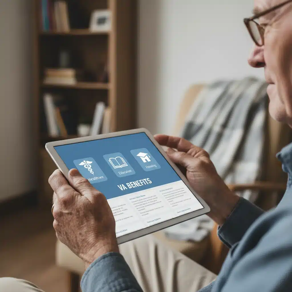 Veteran reviewing digital VA benefits information on a tablet, focusing on accessibility.