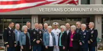 Diverse group of veterans standing together, symbolizing unity and support for veterans' benefits.