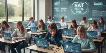 High school students preparing for the digital 2026 SAT redesign on laptops.