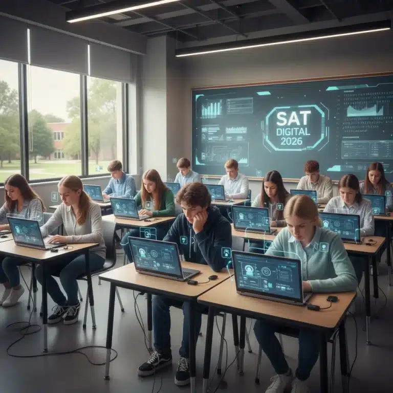 High school students preparing for the digital 2026 SAT redesign on laptops.