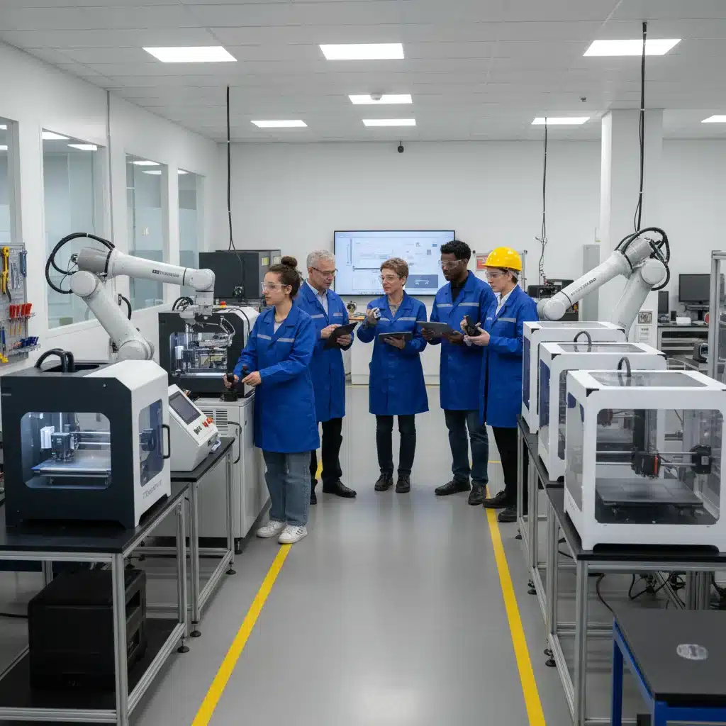 Workers learning hands-on with advanced manufacturing technology and robotic arms in a modern factory.