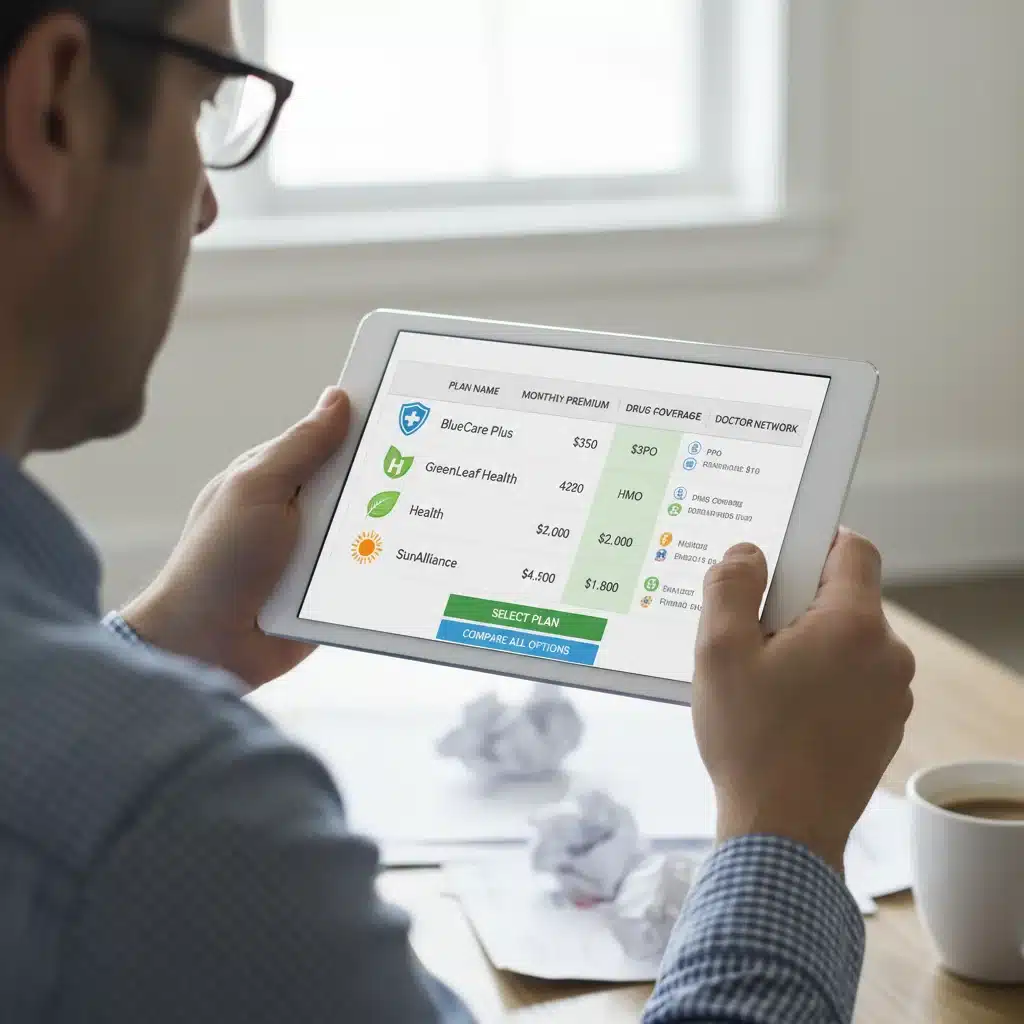 Person comparing health insurance plans on a tablet screen.