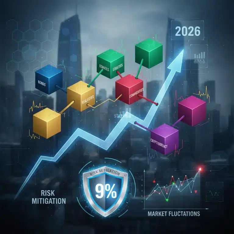 Diverse investment portfolio showing growth with risk mitigation shield