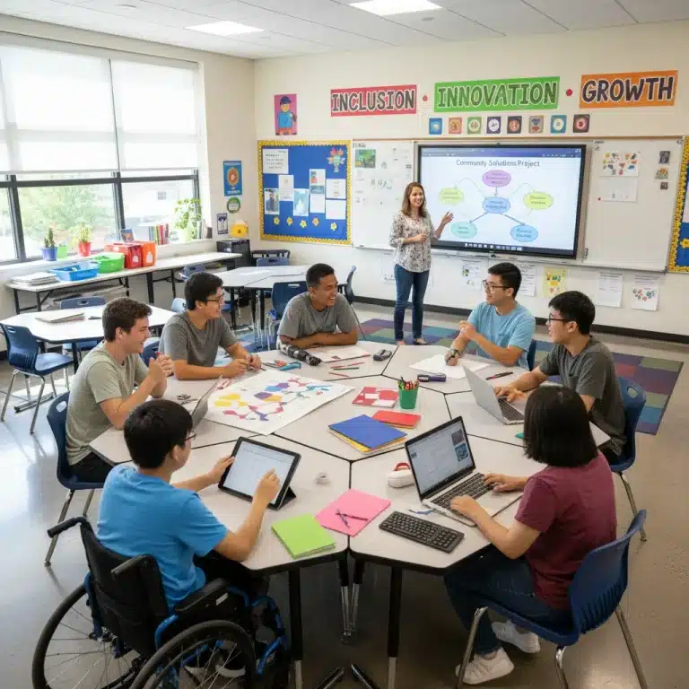 Diverse students learning together in an inclusive classroom setting