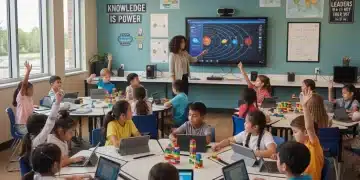 Diverse K-12 students learning in a modern classroom with new technology.