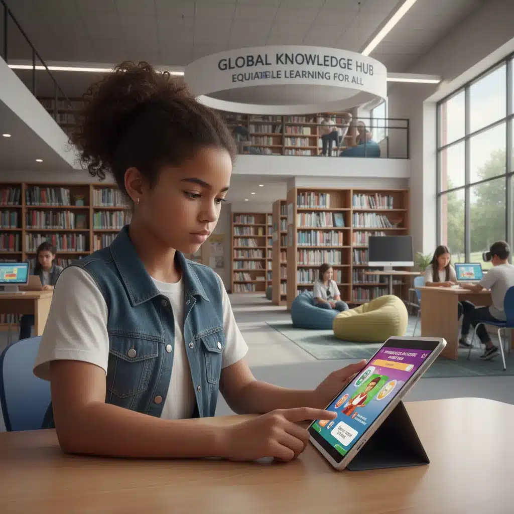 Student engaged in personalized learning with a tablet in a well-resourced library.