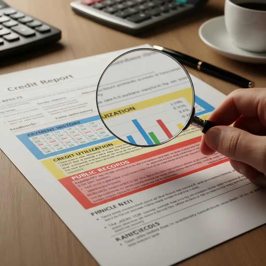 Detailed credit report review with magnifying glass