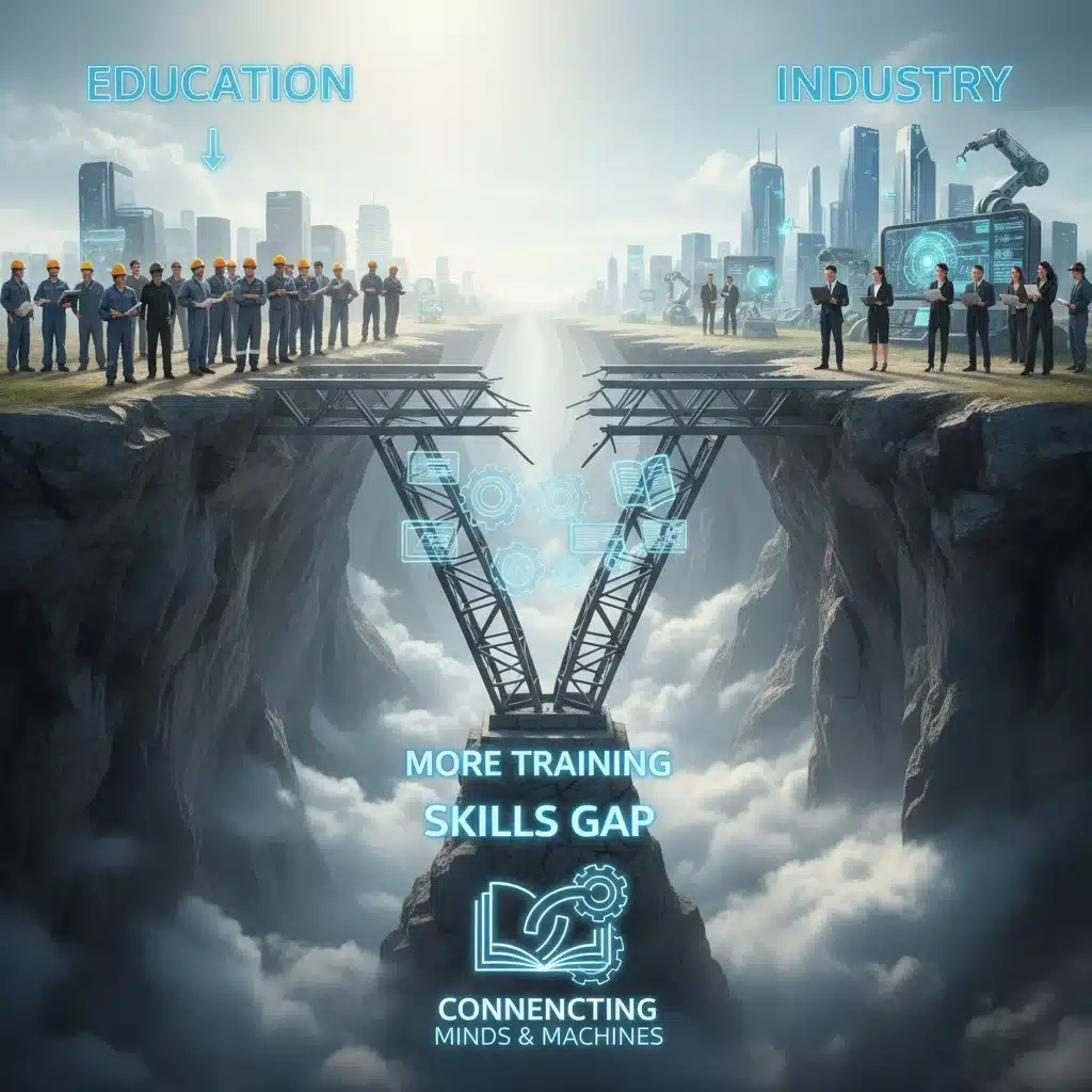 Visual metaphor of a skills gap, showing an incomplete bridge between current workforce and future job demands.