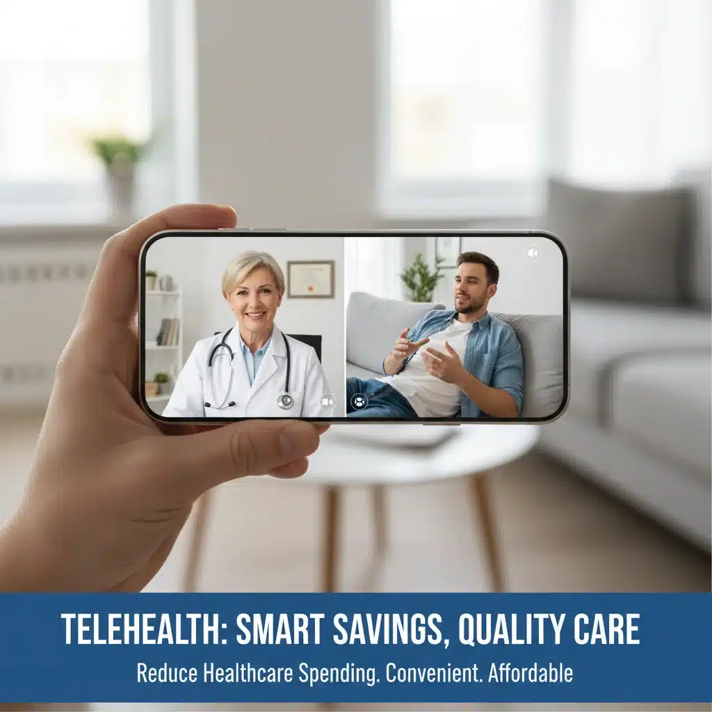 Hand holding smartphone with telehealth app during virtual doctor consultation.