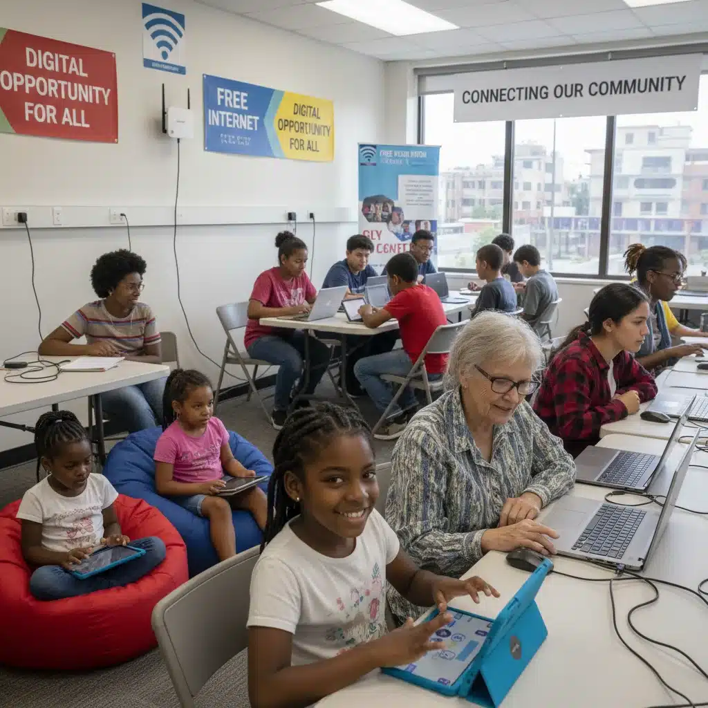 Diverse community members using high-speed internet in a modern community center, highlighting digital inclusion.