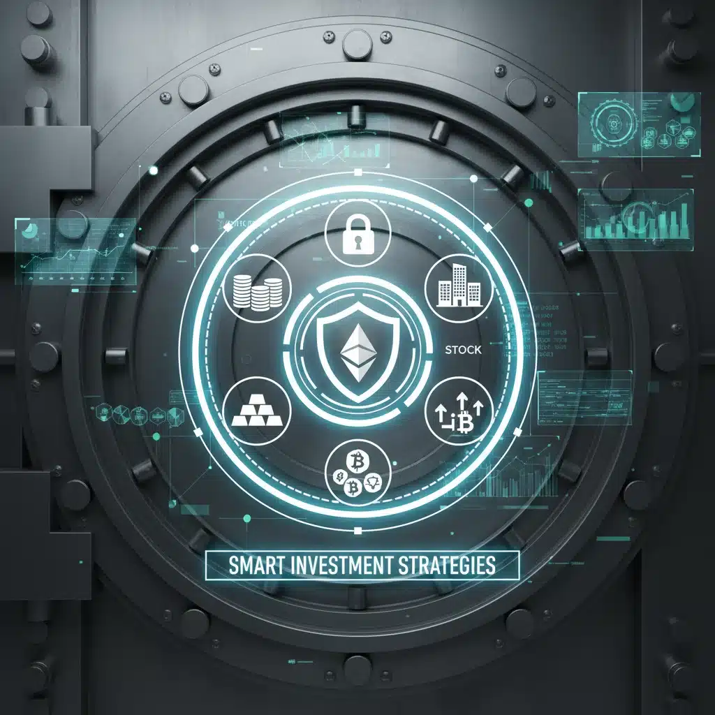 Diversified investment portfolio with stocks, real estate, gold, crypto