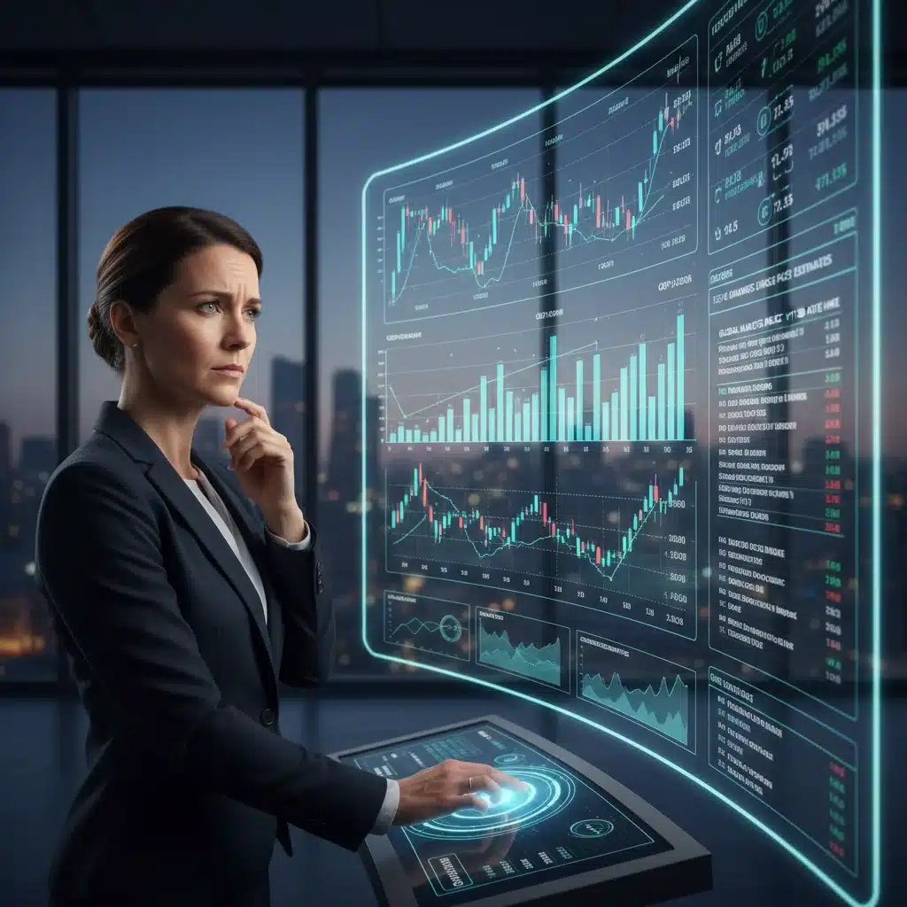 Person monitoring real-time economic data and financial news on a digital dashboard