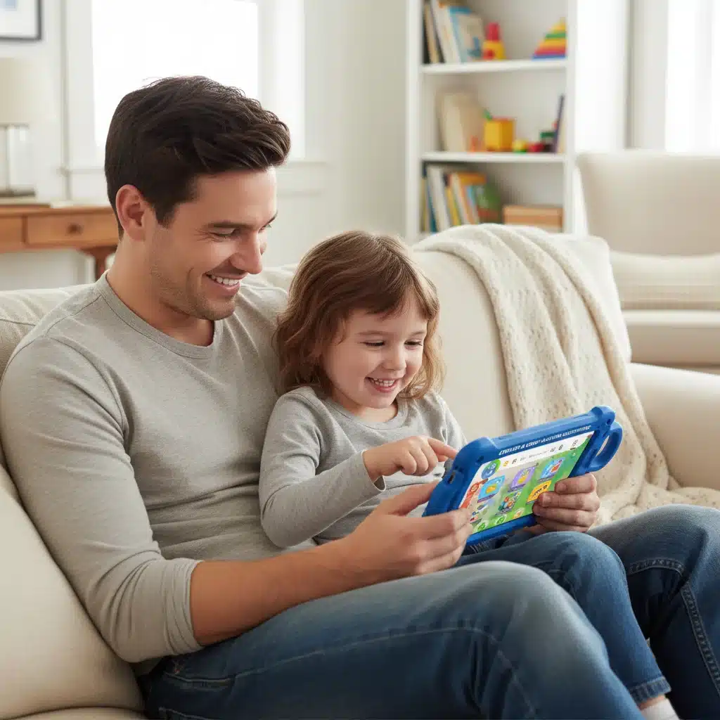 Parent and child using educational technology at home.