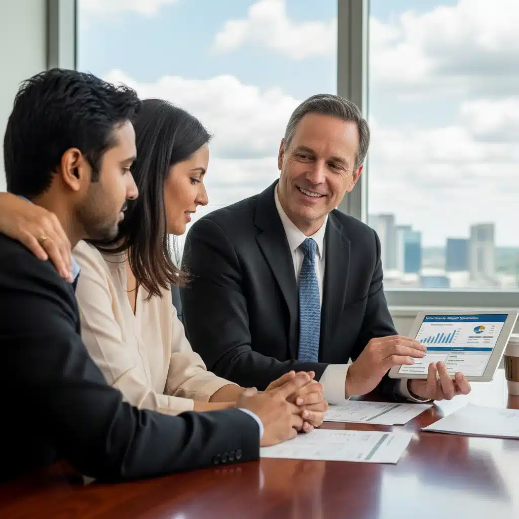 Couple discussing social security strategies with financial advisor.