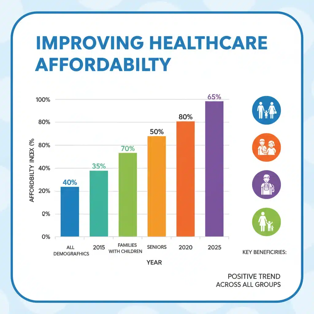 Infographic showing improved healthcare affordability for diverse demographics.