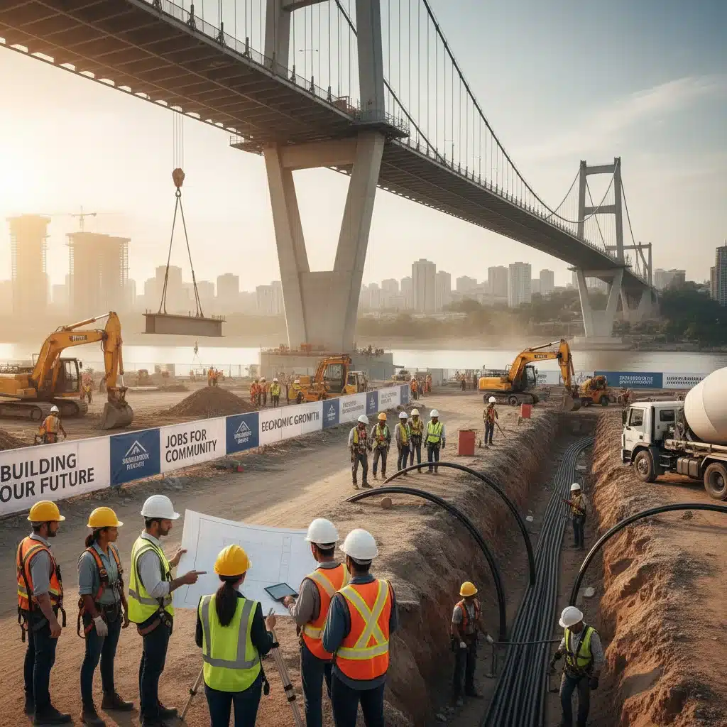 Construction workers and engineers on a major infrastructure project, illustrating job creation and economic impact.