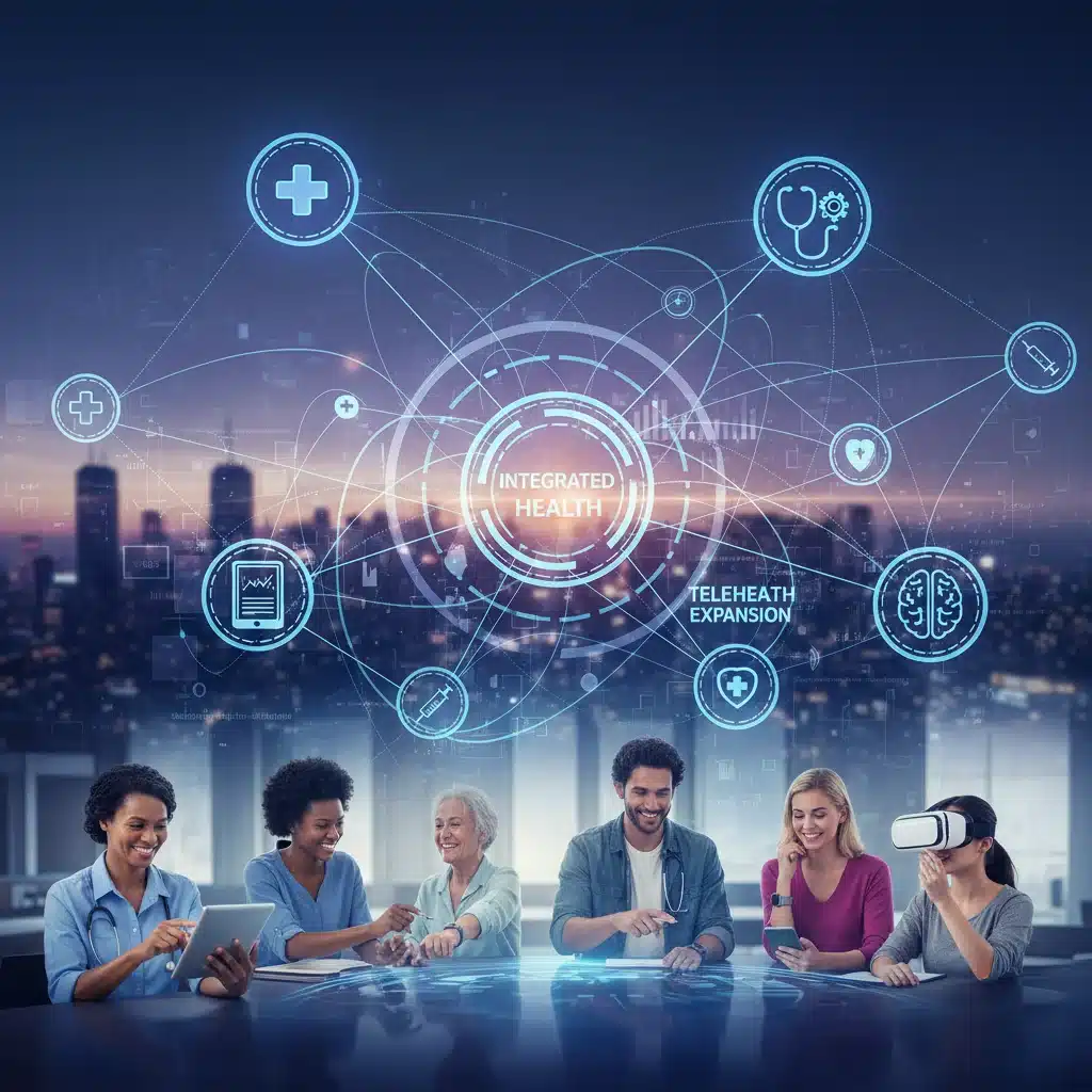 Digital network with medical icons, representing integrated telehealth services.