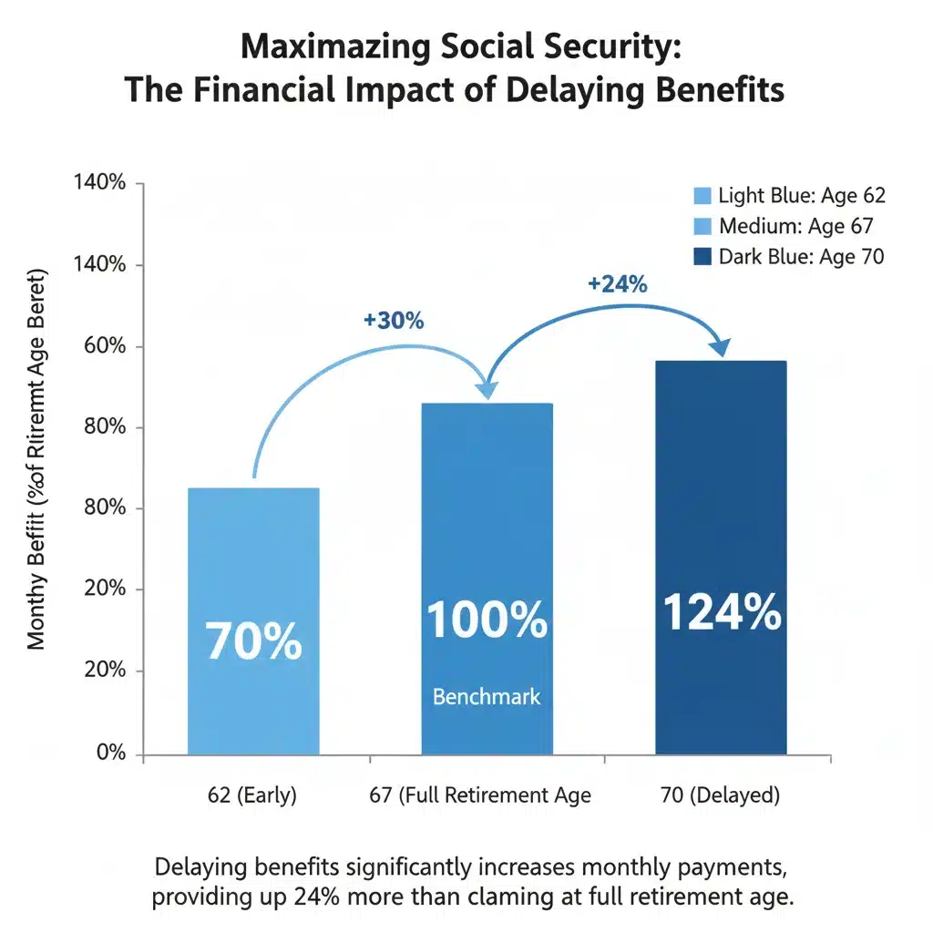 Graph showing social security benefit increase by claiming age.