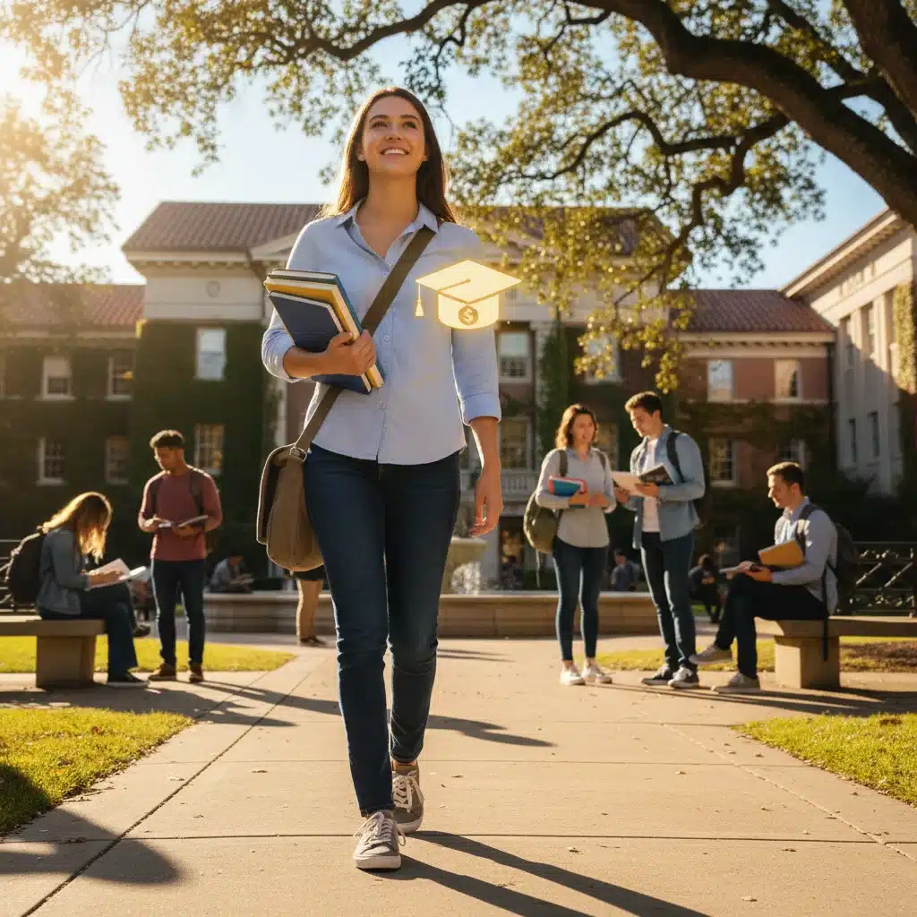 Happy college student walking on campus after securing financial aid
