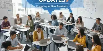 Teachers collaborating on 2026 certification updates in a modern classroom