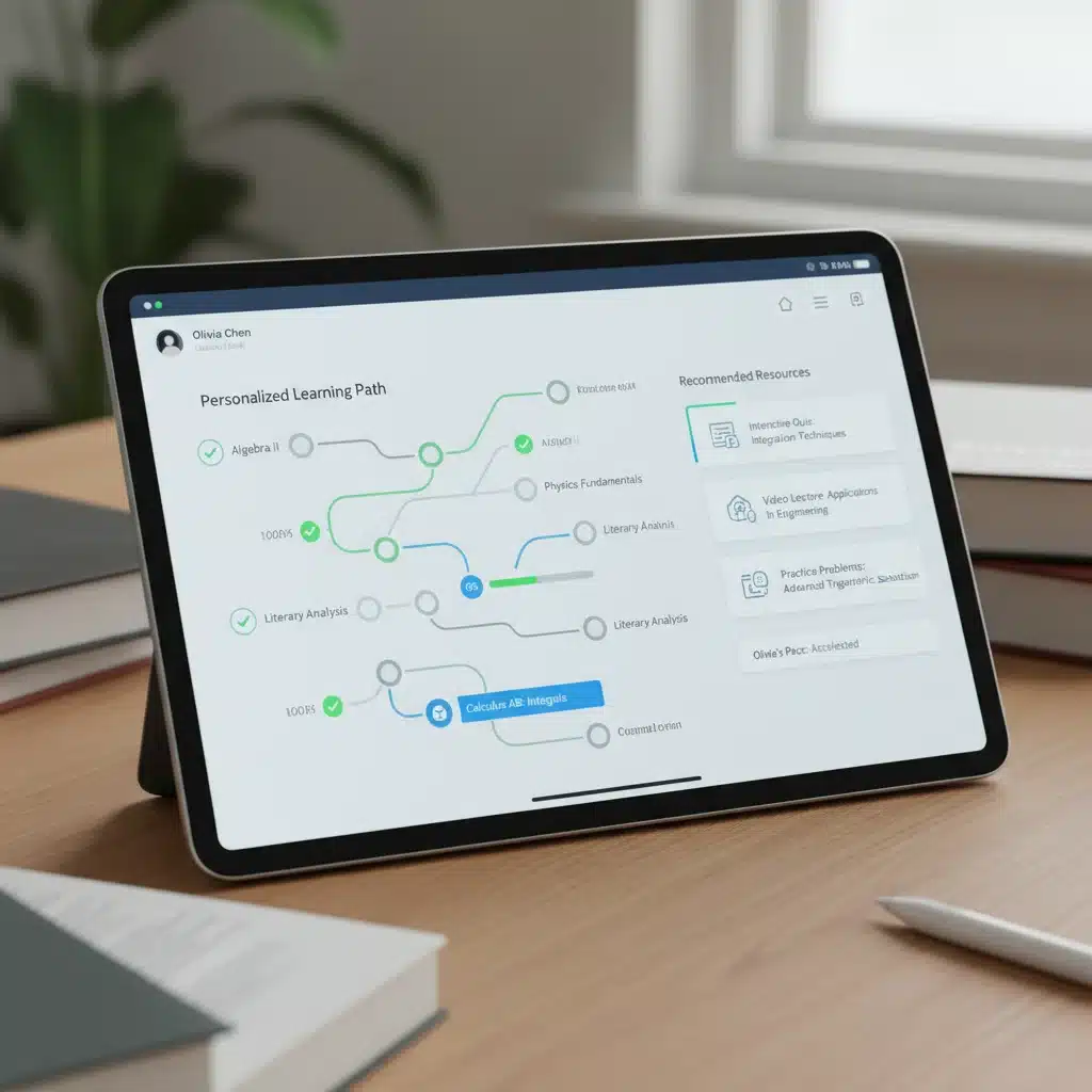 Adaptive learning platform on tablet, displaying personalized student progress and recommended resources.