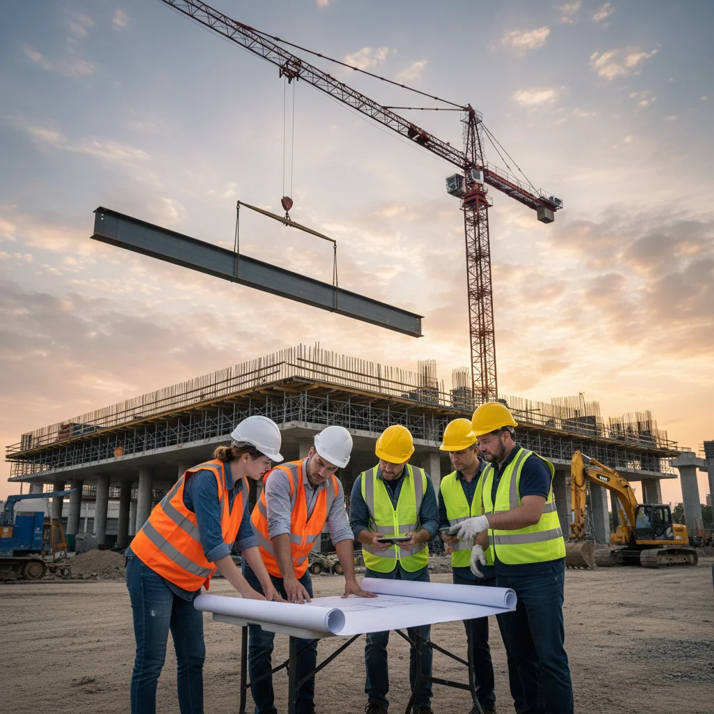 Construction workers reviewing blueprints on a large infrastructure project site