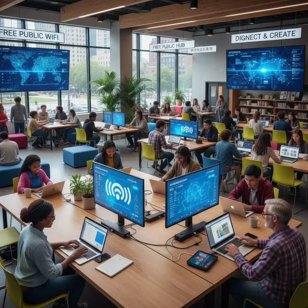 People of diverse ages and backgrounds using high-speed internet in a community center, symbolizing digital equity