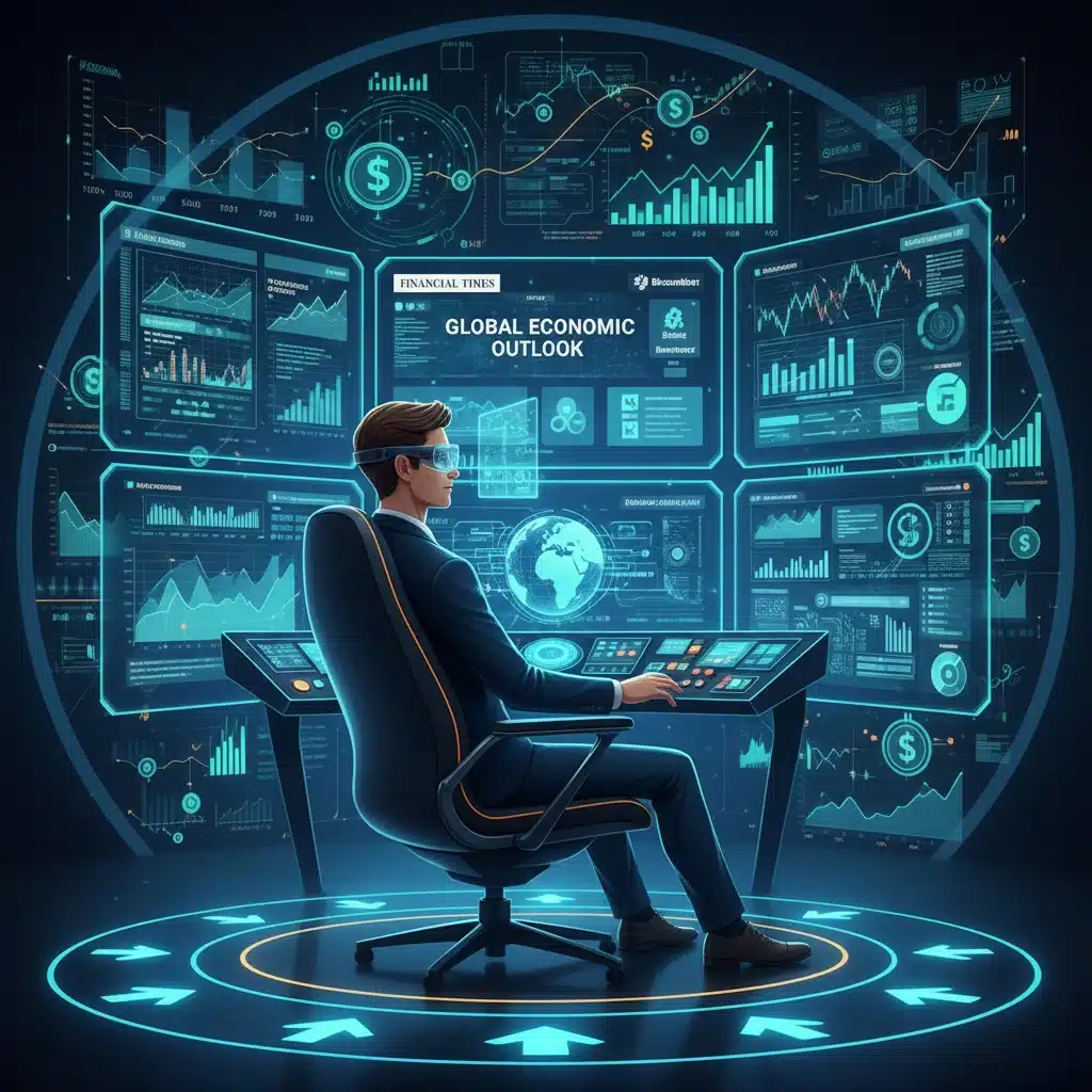 Person analyzing economic reports and financial news on multiple screens, representing informed decision-making for investment.