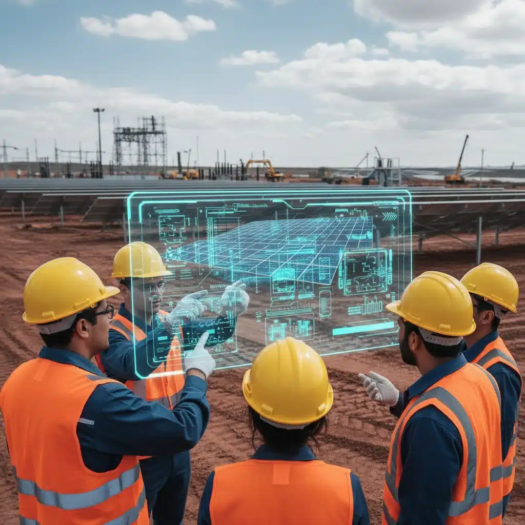 Engineers planning a large-scale solar farm project with detailed schematics
