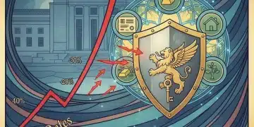 Shield protecting a diverse investment portfolio against rising interest rate graphs from the Federal Reserve, symbolizing financial resilience.