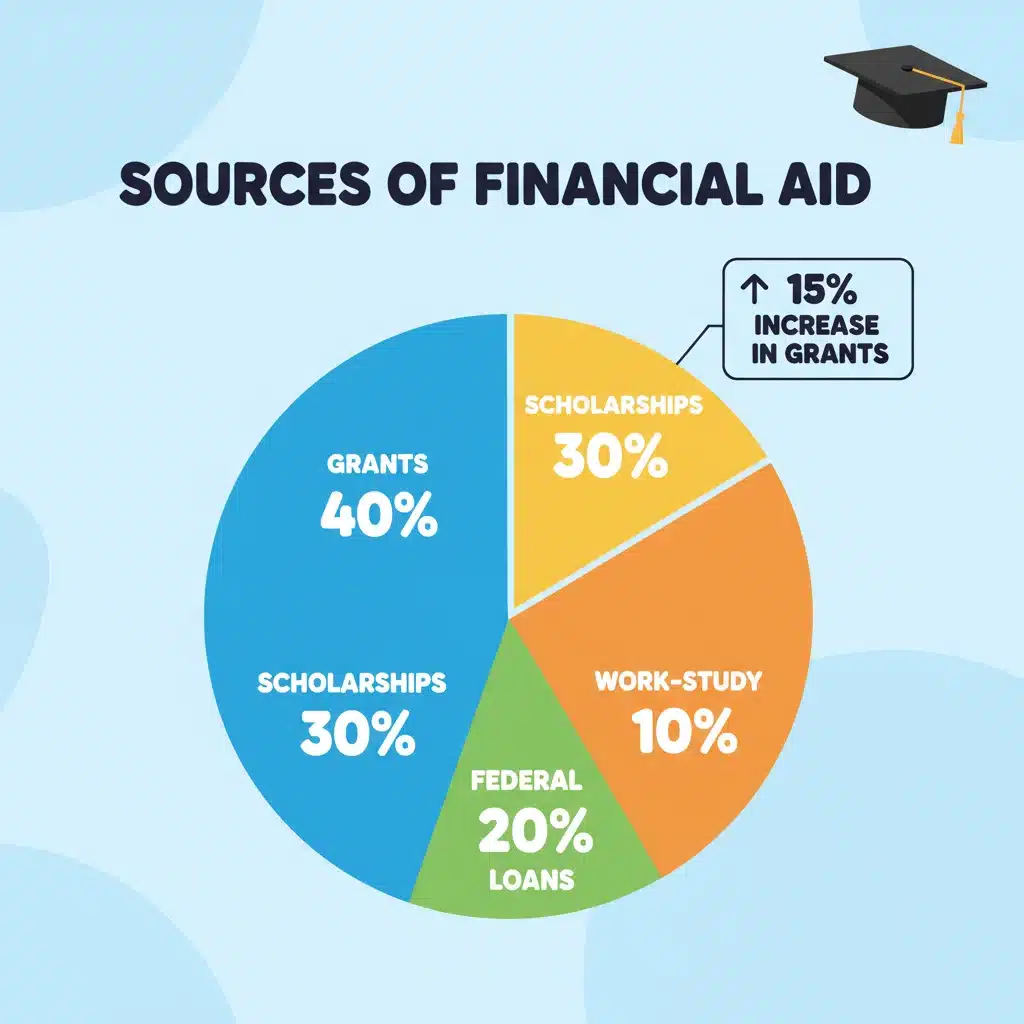 Visual representation of various financial aid types and a 15% increase