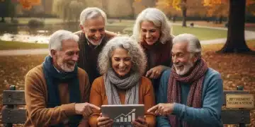 Happy seniors planning retirement finances on a tablet