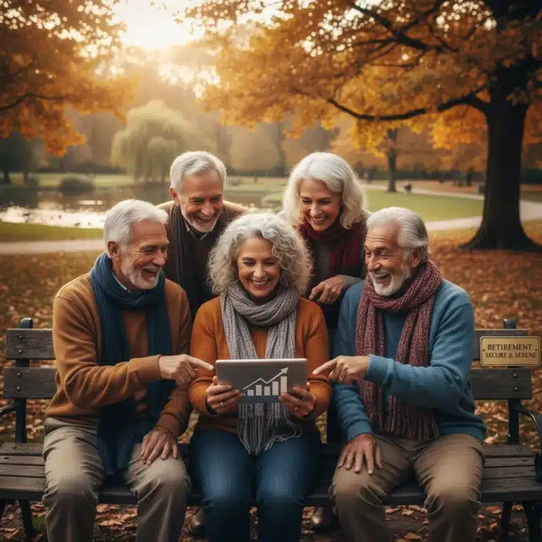 Happy seniors planning retirement finances on a tablet