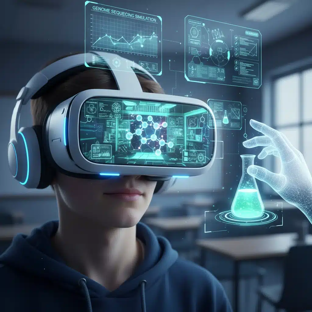 Student in VR headset exploring a virtual science lab, showcasing immersive learning.