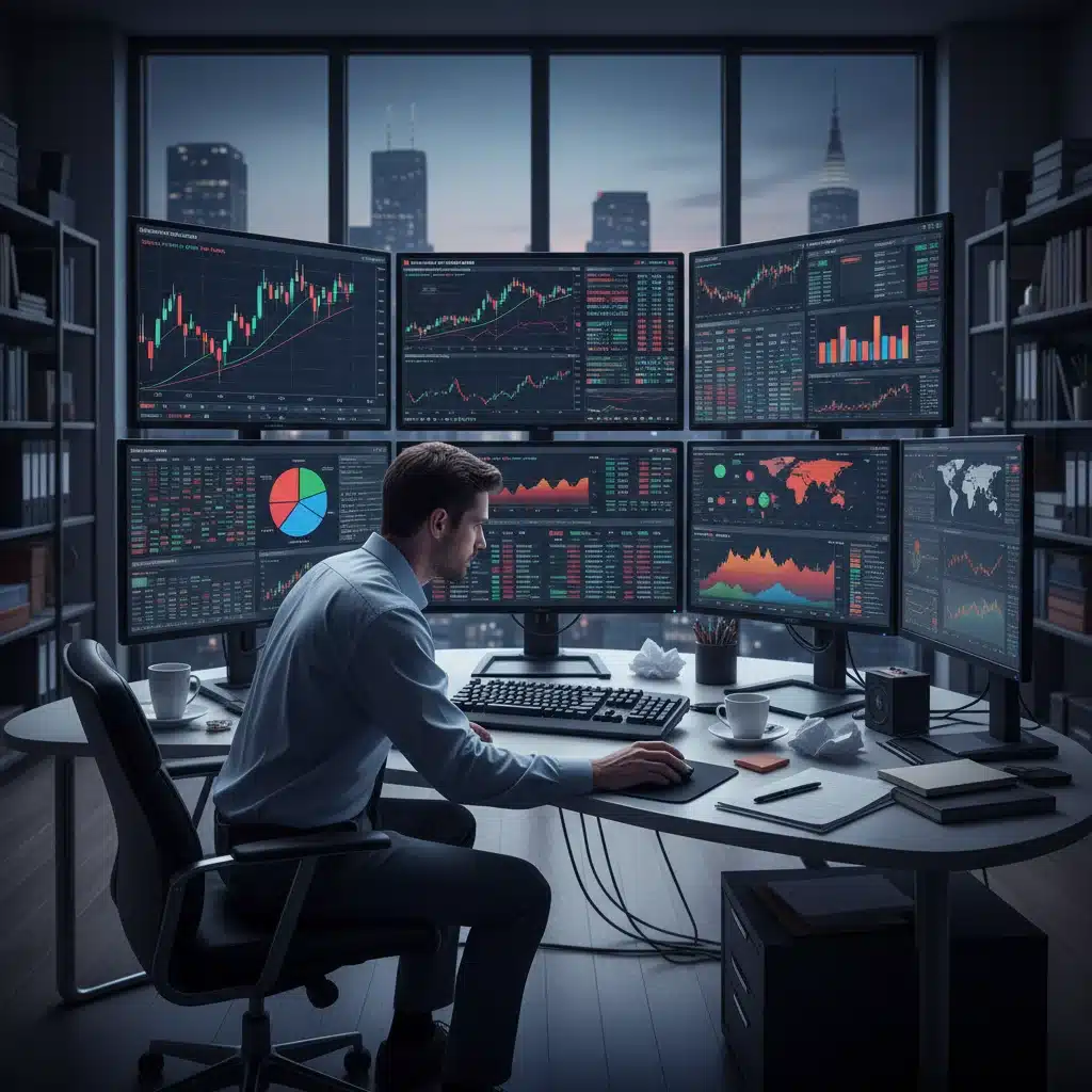 Investor analyzing financial data on multiple screens, rebalancing portfolio for market changes.