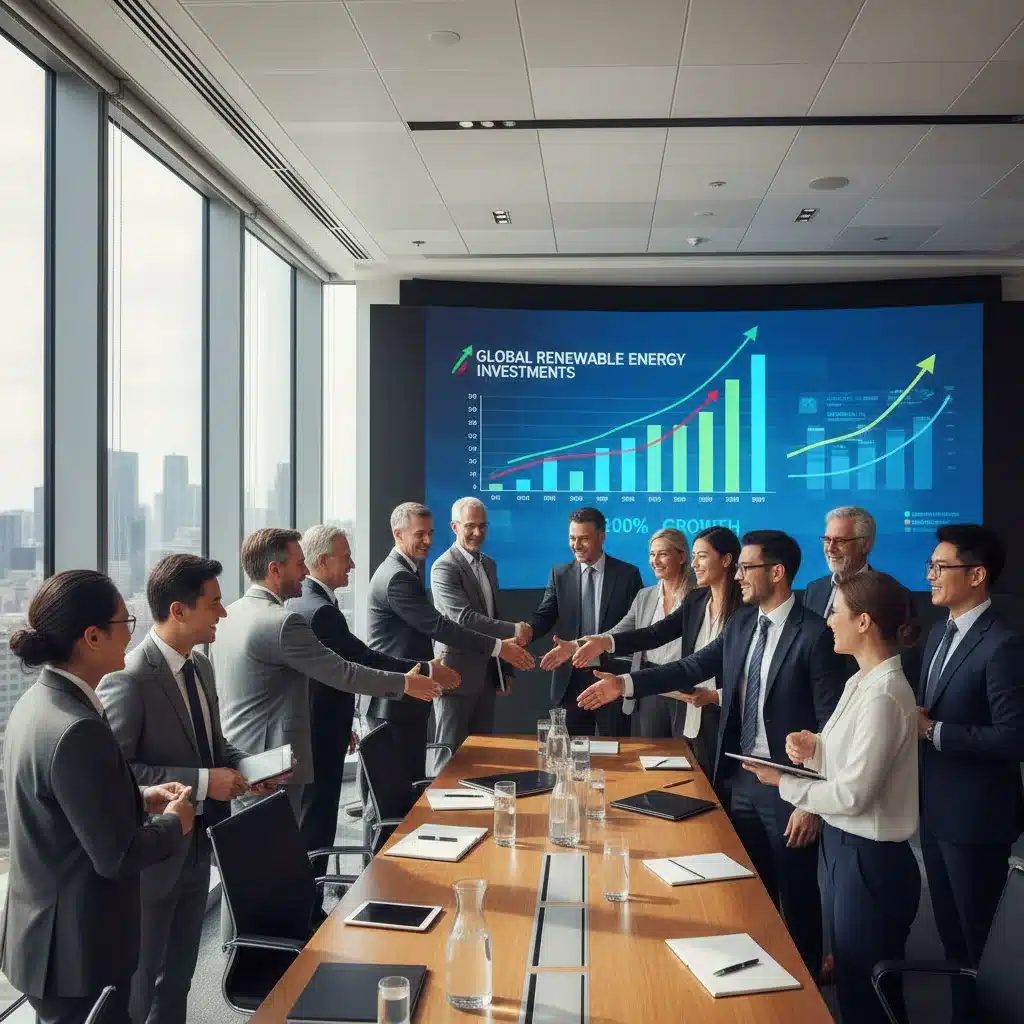 Investors and policymakers celebrating a successful renewable energy investment deal