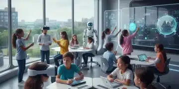 Students using diverse education technologies in a modern K-12 classroom, symbolizing future EdTech trends.
