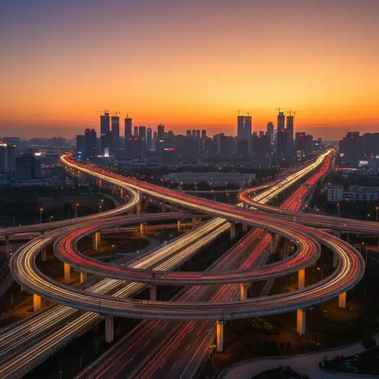 Modern highway infrastructure with city skyline at sunset, representing federal investment