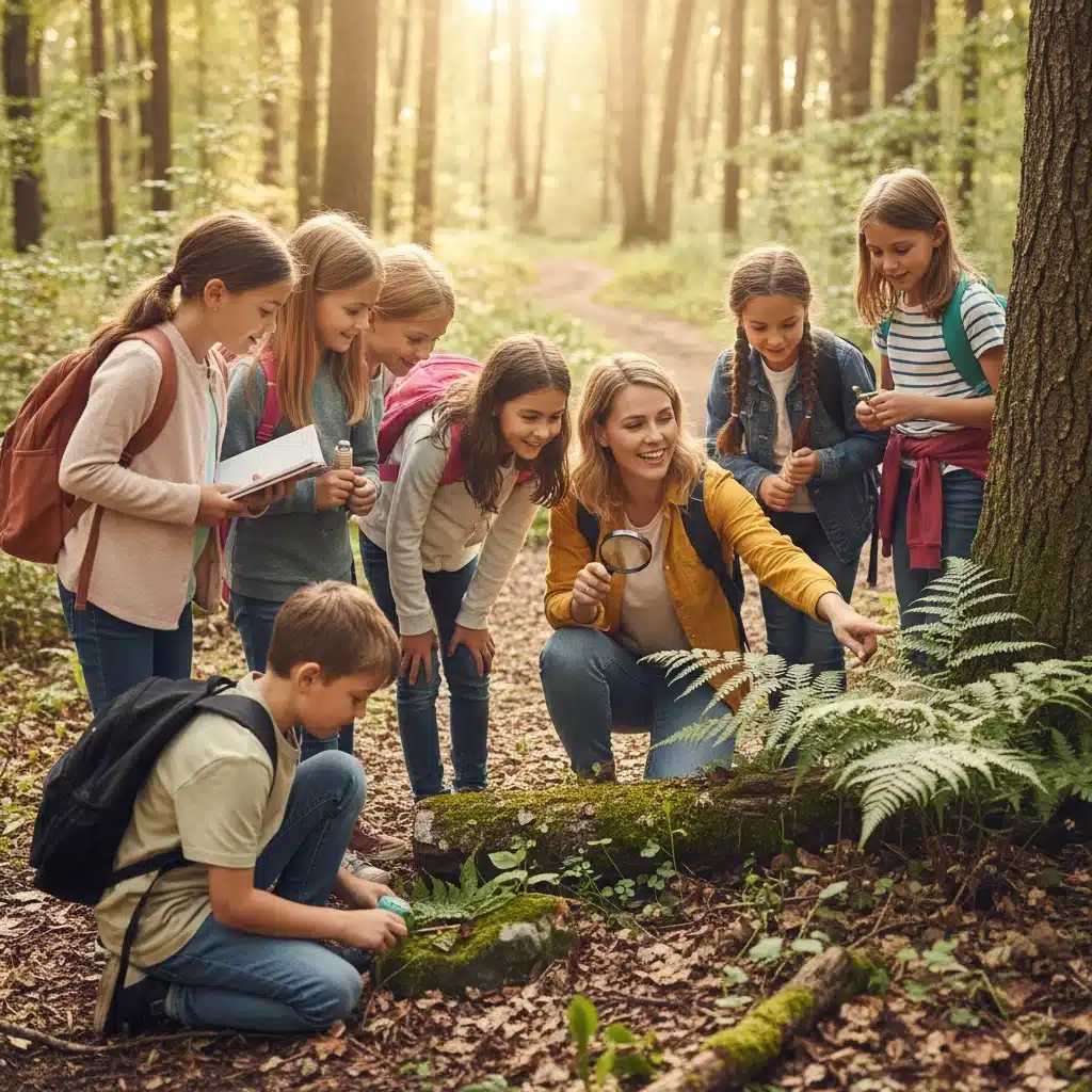 Teacher and students engaged in an outdoor science observation.