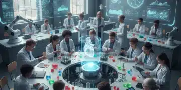 Students and teachers conducting a science experiment in a modern classroom setting.