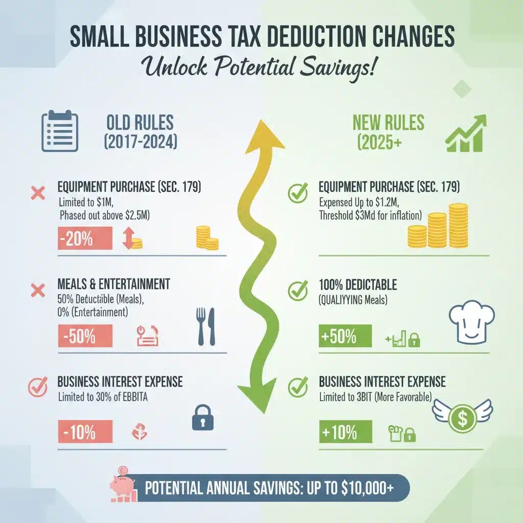 Infographic comparing tax deduction rules before and after 2026 tax code changes